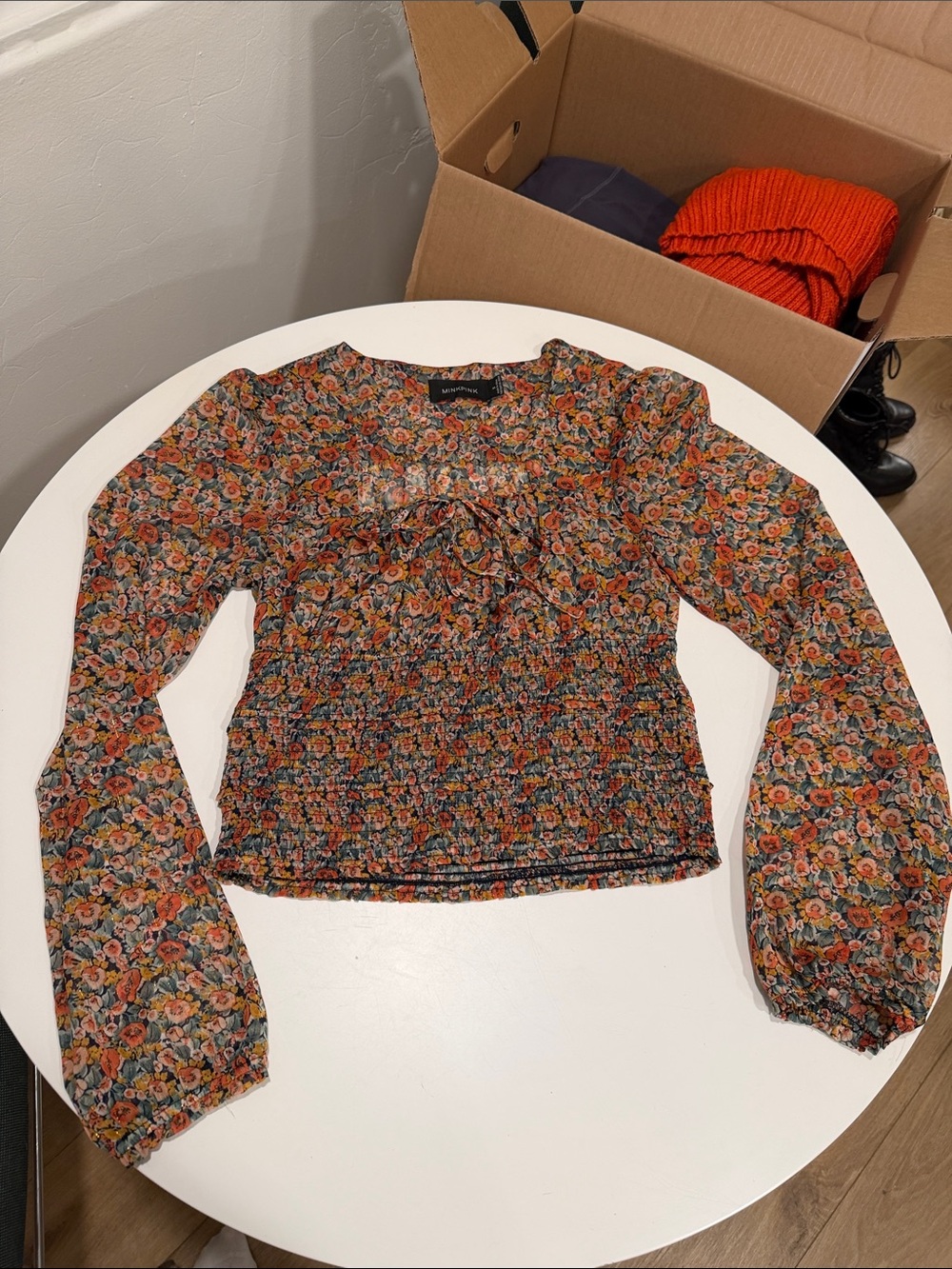 MINKPINK Floral Smocked Long-Sleeve Top in Multi-color print
